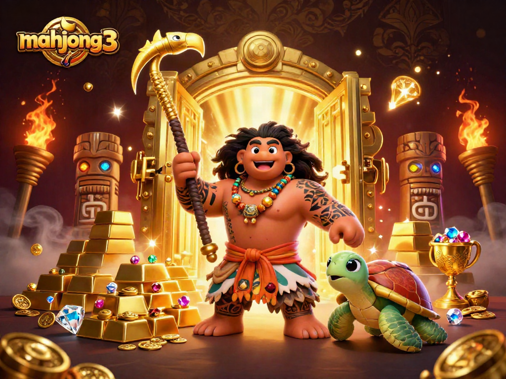 Engage with mahjong 3 in this vibrant 3D illustration featuring a demigod and treasures.
