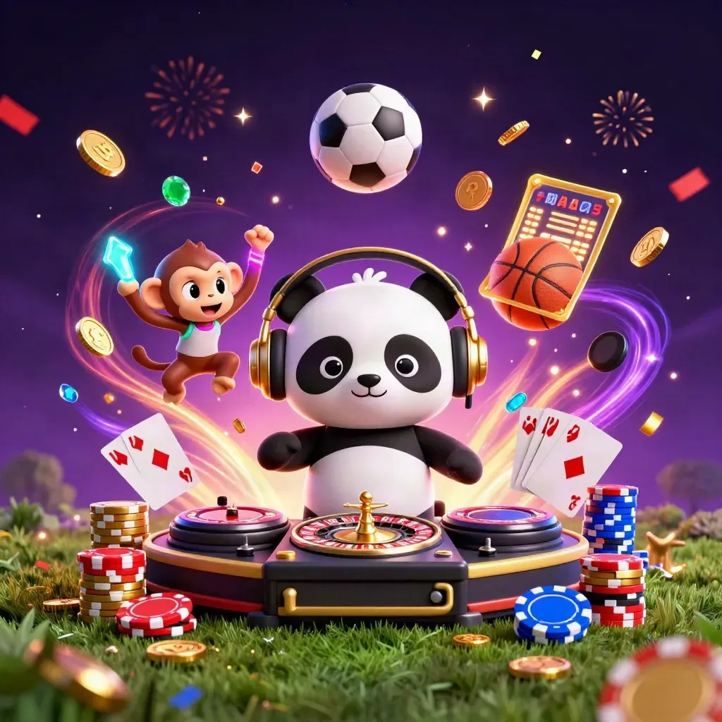 Panda DJ, monkey, and rave kitten amid casino chips, coins, and a frozen soccer ball.