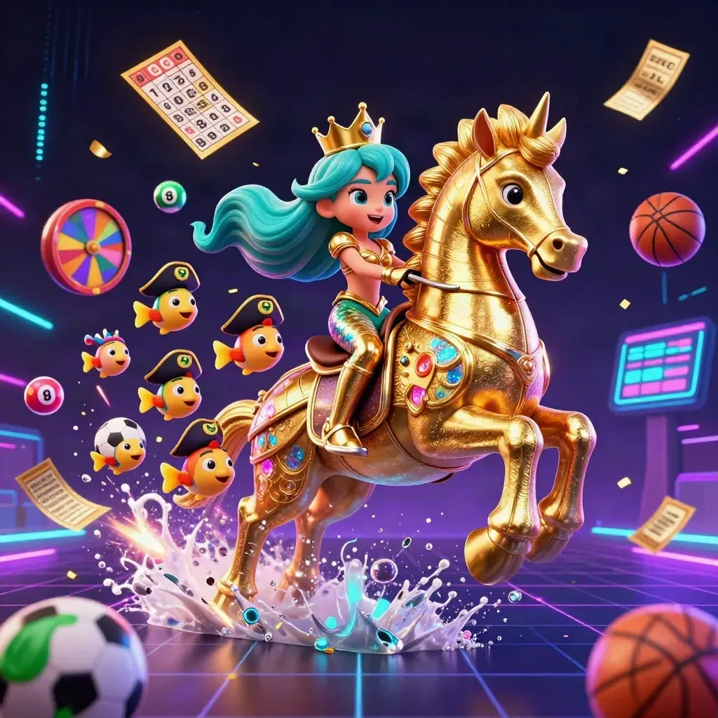 Mermaid princess on armored seahorse amid lottery balls, prize wheel, and neon casino effects.