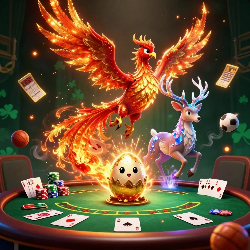 Phoenix, hatchling and crystal stag amid casino props, neon green glow and gold sparks