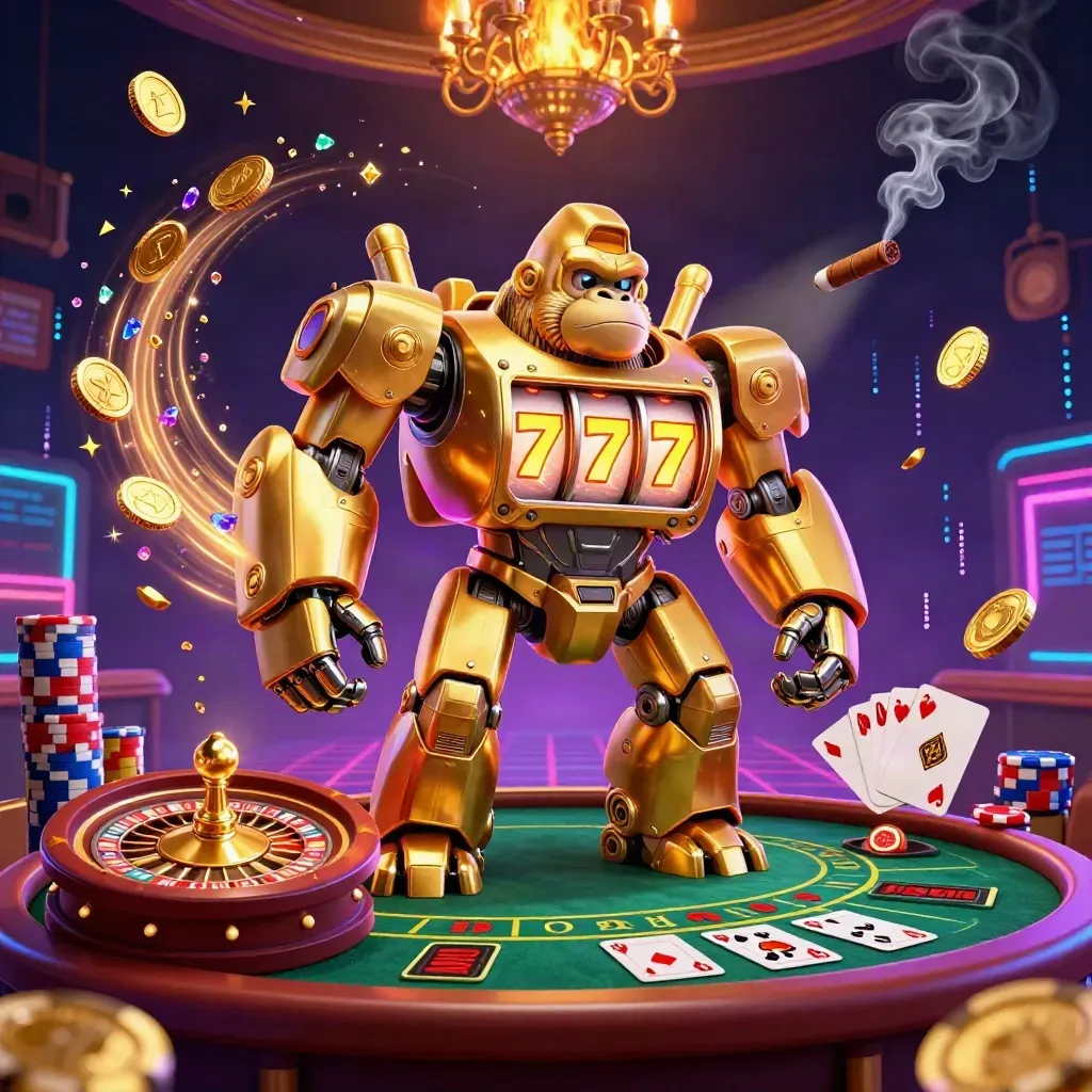 Golden gorilla mech with monkey pilot, roulette, chips, coins and neon casino energy.