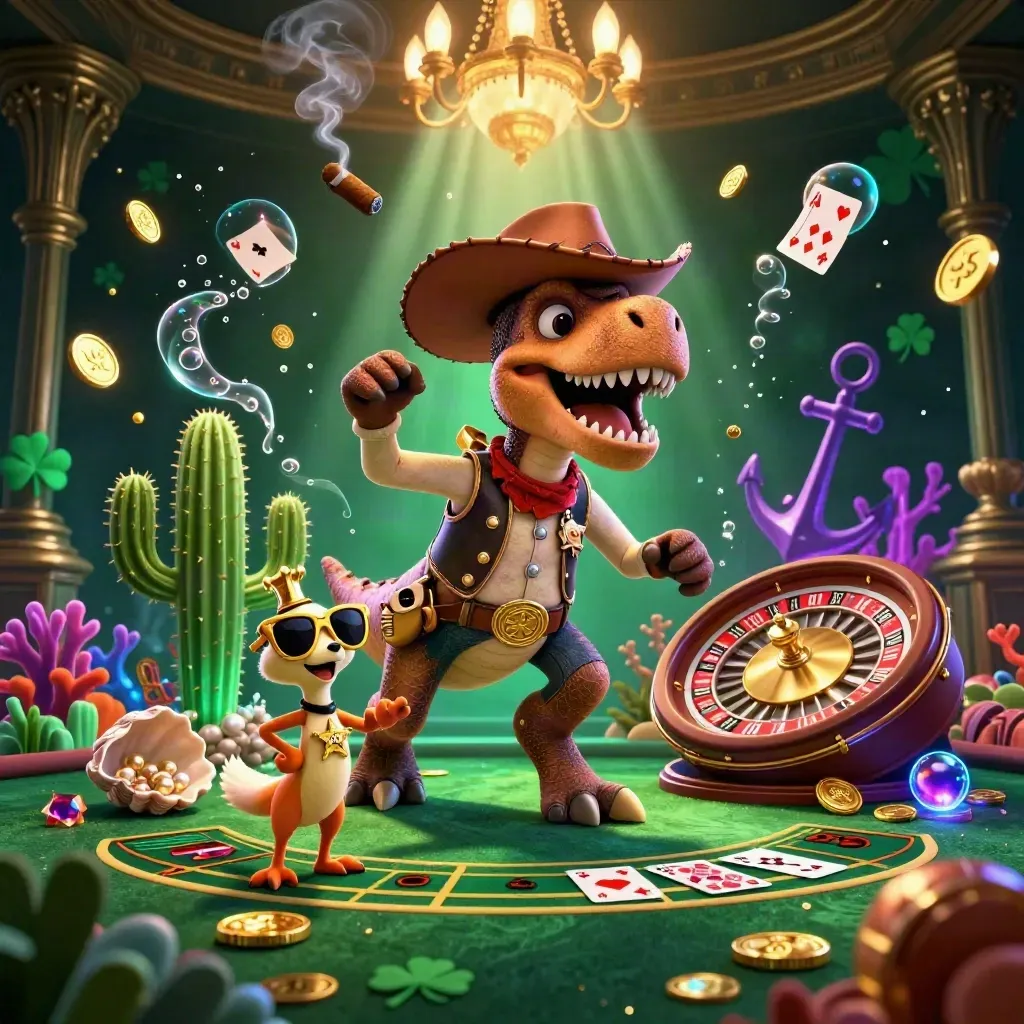 Cowboy T-Rex, cactus sidekick, and sheriff roadrunner in a glowing underwater casino treasure cove.
