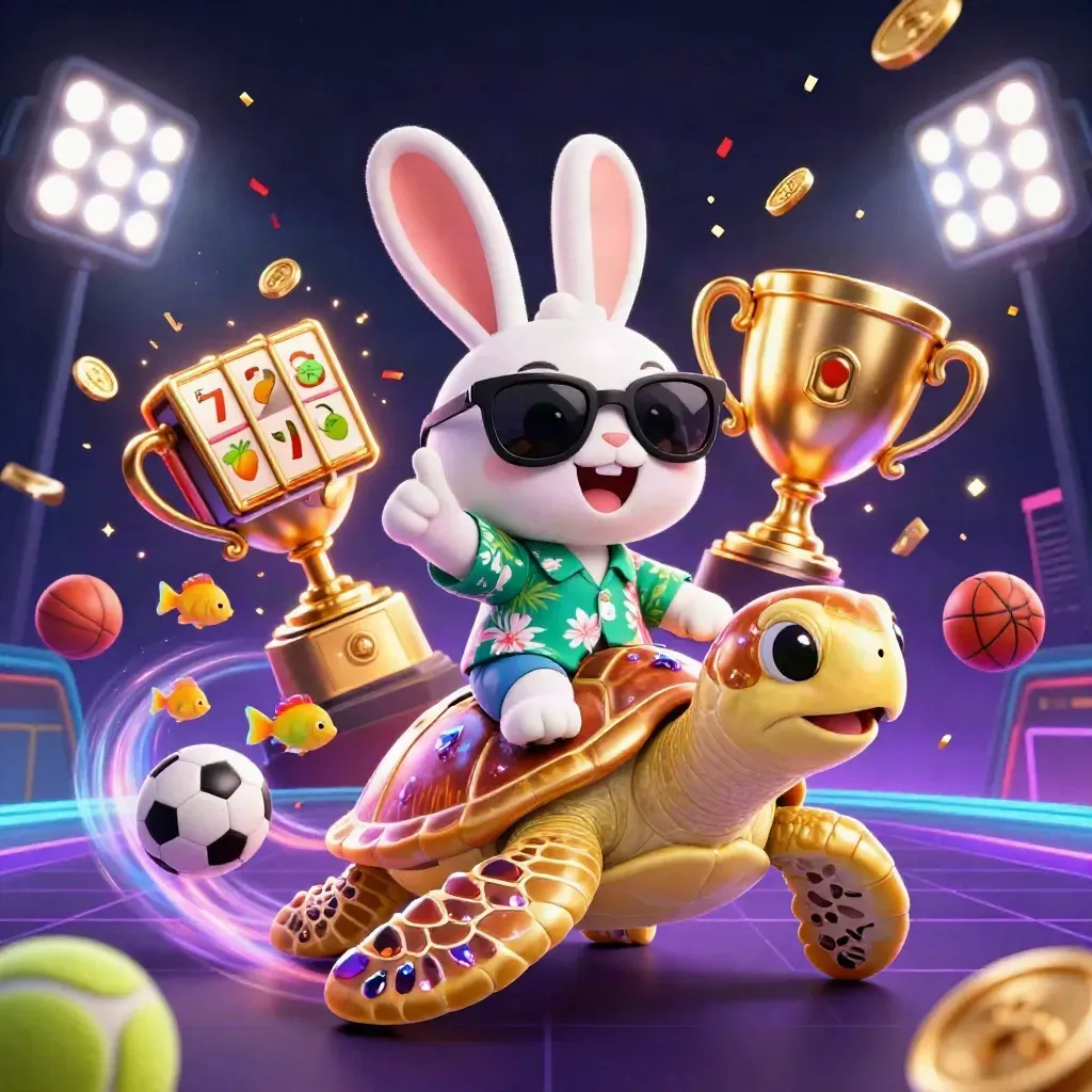 Rabbit rider on golden sea turtle amid sports balls, coins, lights, and neon casino energy.