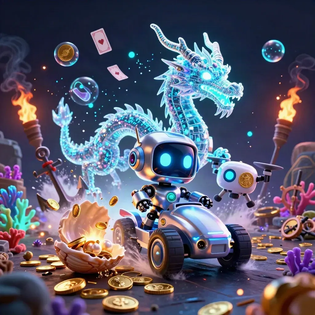 Cyberpunk robot, holographic dragon, and drone in an underwater treasure cove with coins and coral