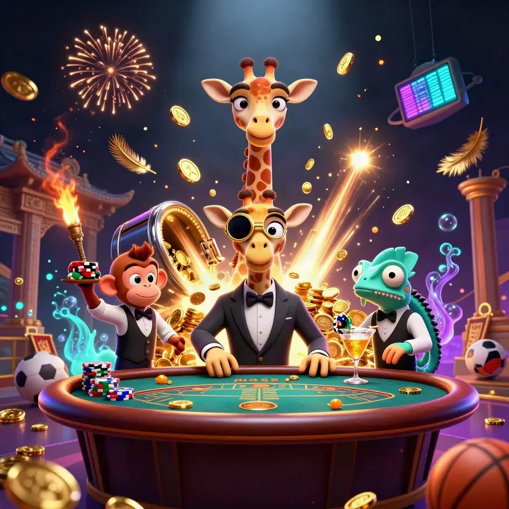 Giraffe, monkey and chameleon casino heroes amid coins, fireworks, temple gate and sports betting items