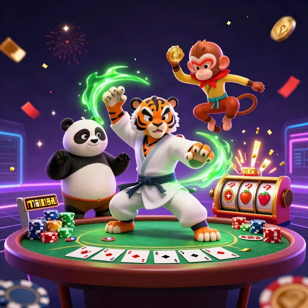 Kung-fu tiger, panda, and monkey amid casino props, neon grid, and glowing effects.
