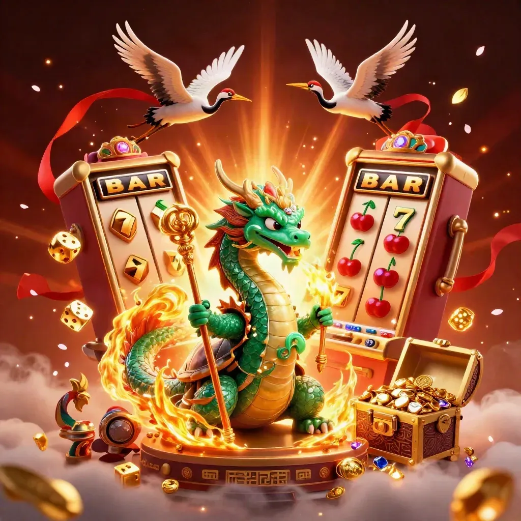 Emerald dragon, turtle sage, and cranes amid slot bursts, gold, and glowing energy.