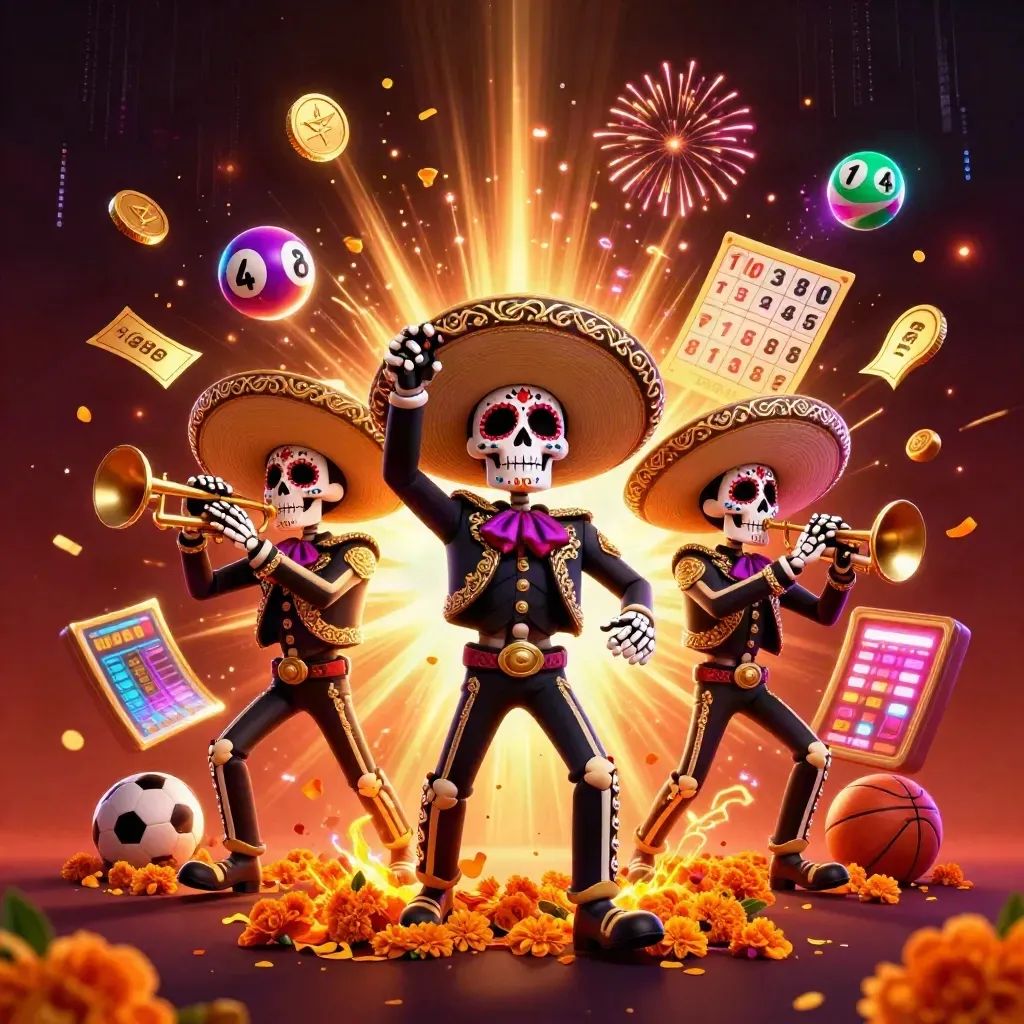 Skeleton mariachi trio amid coins, fireworks, lottery balls, sports betting props on a dark luxe background.