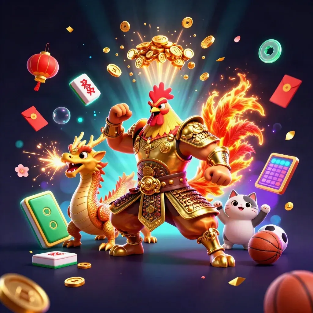 Rooster warrior, dragon hatchling and fortune-cat amid exploding treasure and casino icons.
