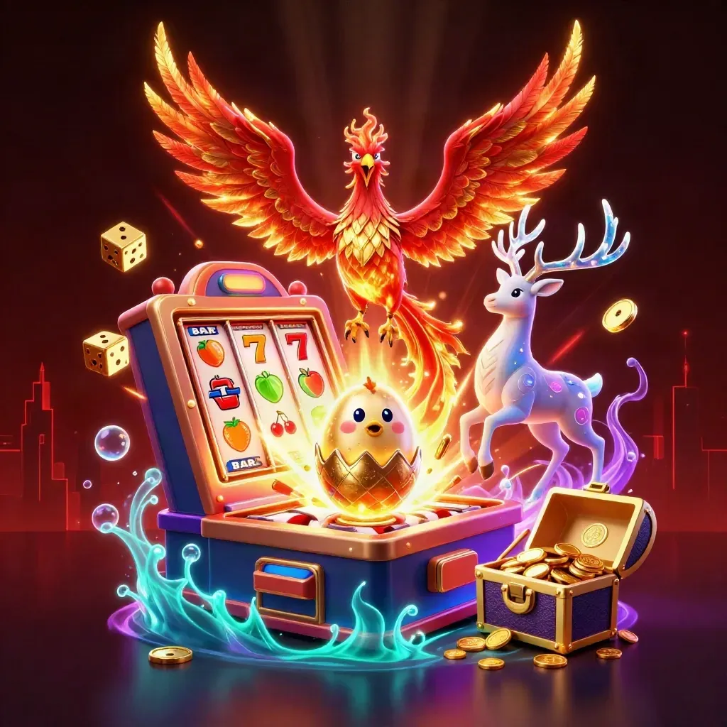 Phoenix, stag, and baby phoenix exploding with slots, gold, and neon casino magic.