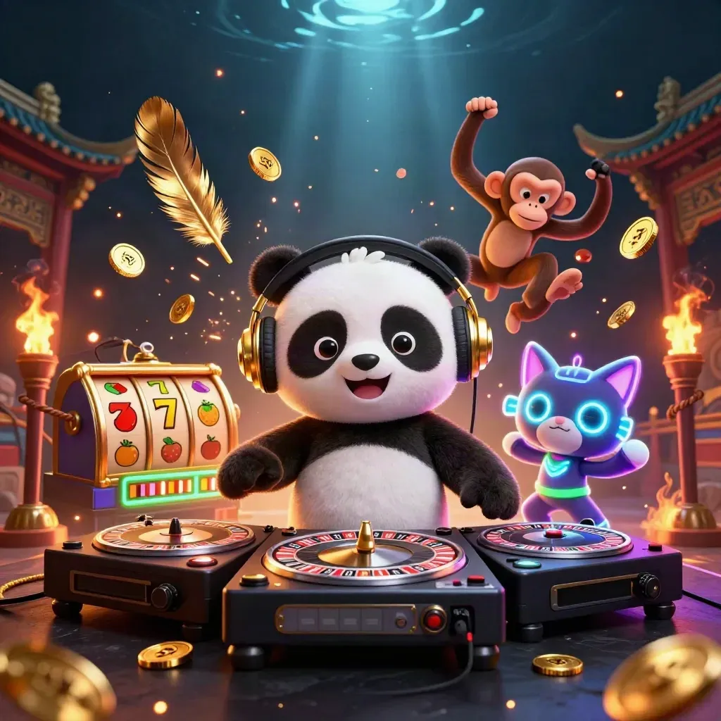 Panda DJ, dancing monkey, and rave kitten amid gold coins, reels, and an underwater casino temple.