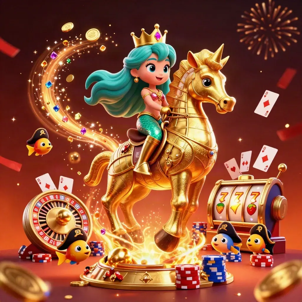 Mermaid princess on armored seahorse amid pirate fish, casino chips, coins, fireworks and glowing reels