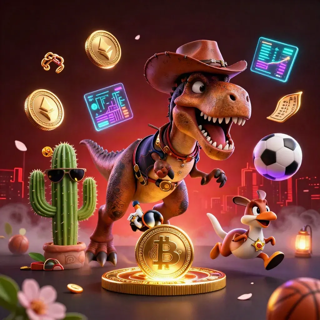 Cartoon cowboy T-Rex trio amid casino coins, neon effects, and a glowing city backdrop