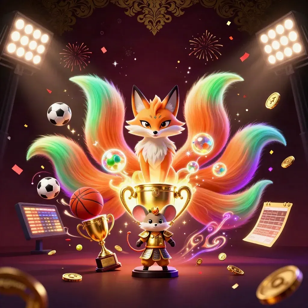Neon fox spirit and armored mouse amid casino sports balls, gold coins, and sparks.