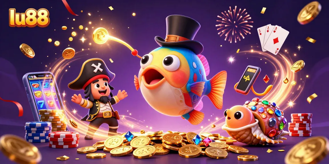 lu88 ignites excitement with a glowing anglerfish attracting golden coins in a vibrant casino scene.