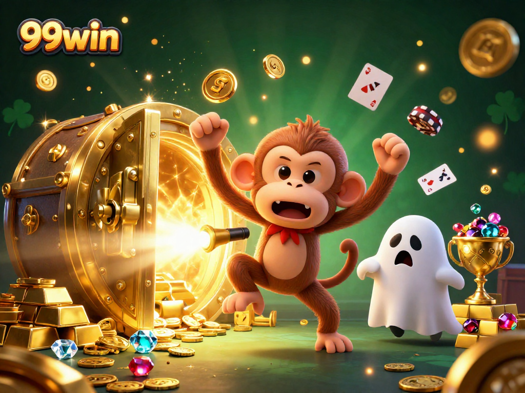 Join the 99win excitement as a mischievous monkey juggles casino treasures in a thrilling scene.