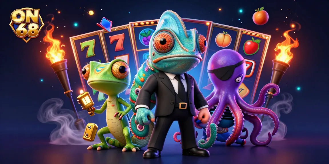 Engage with ON 68 through a vibrant casino scene showcasing dynamic slot reels and animated characters.