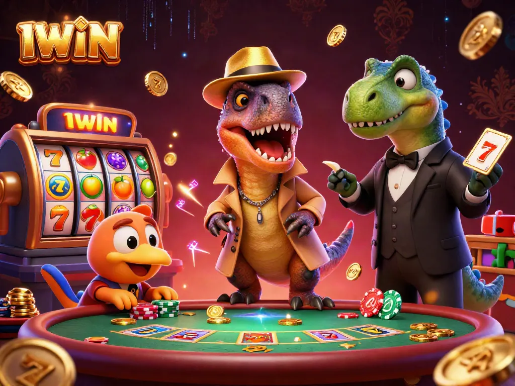 IWIN casino game scene with cartoon velociraptor and stegosaurus, full of slot reels and gold coins.
