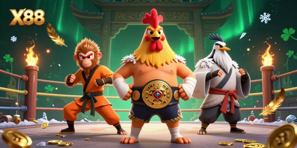 X88 showcases a dynamic scene with a Muay Thai rooster, a martial arts monkey, and a wise crane, set in an energetic gambling arena.