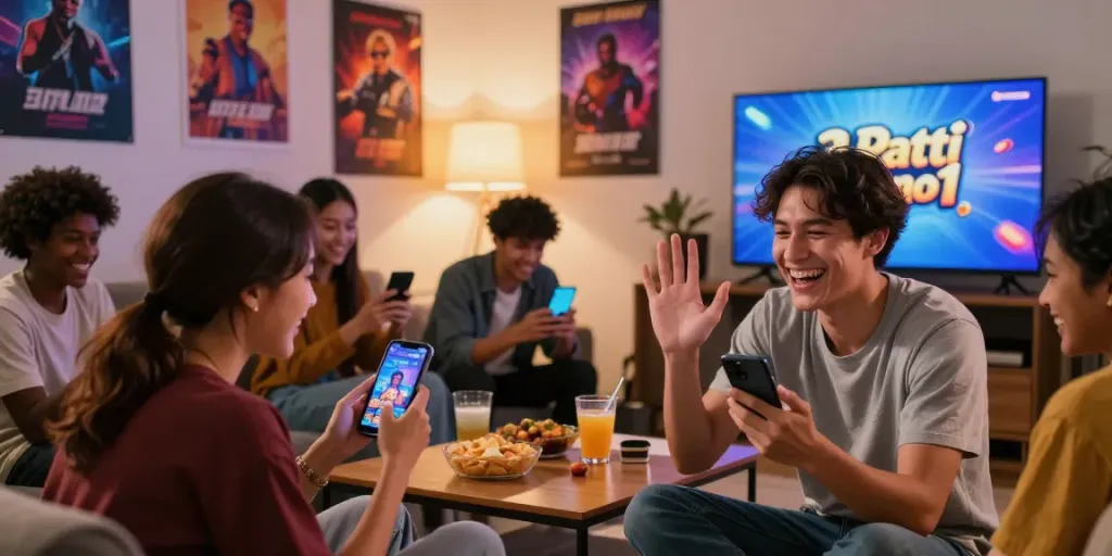 Friends celebrating a win in 3 Patti no1 while enjoying a cozy game night at home.