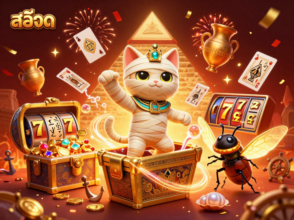 Experience the action of สล็อต with an Egyptian mummy cat and glowing scarab in vibrant casino scenes.