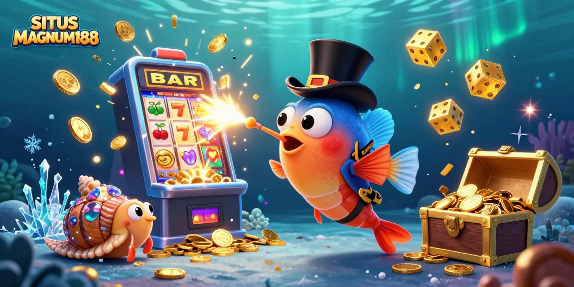 SITUS MAGNUM188 showcases an engaging underwater casino scene with an anglerfish attracting coins, illustrating the excitement of online gaming.