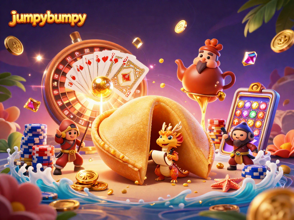Experience jumpybumpy gaming excitement with a golden fortune cookie, dragon, and dynamic casino elements.