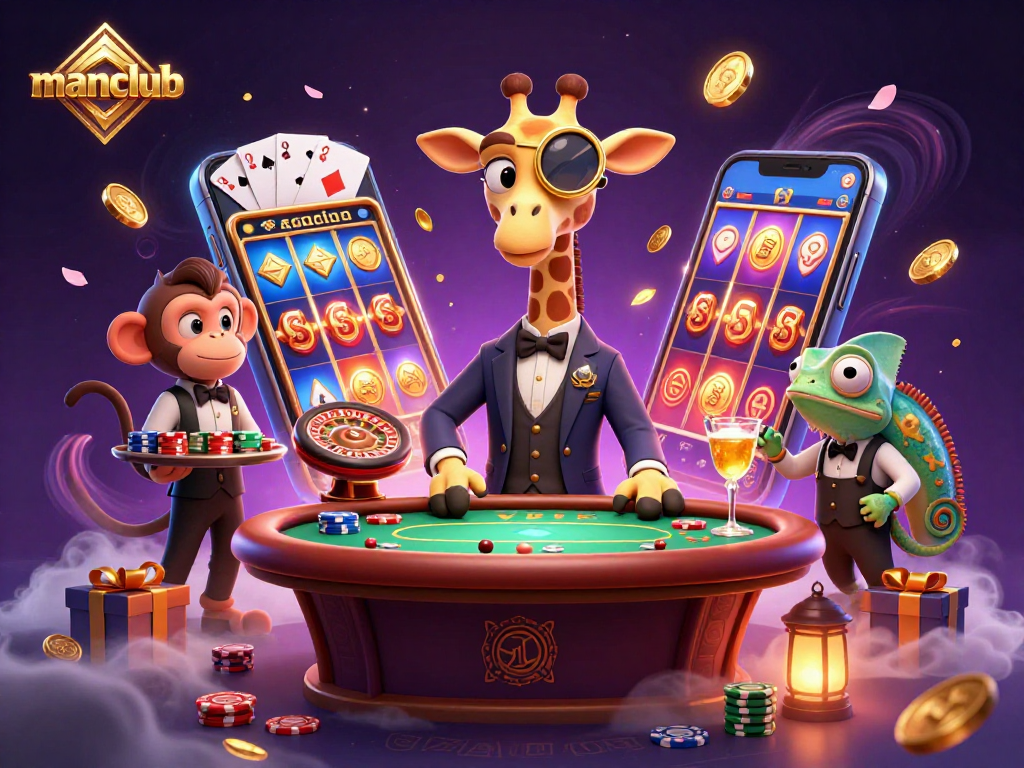 Experience thrilling casino action with manclub's luxury giraffe, monkey valet, and chameleon bartender.