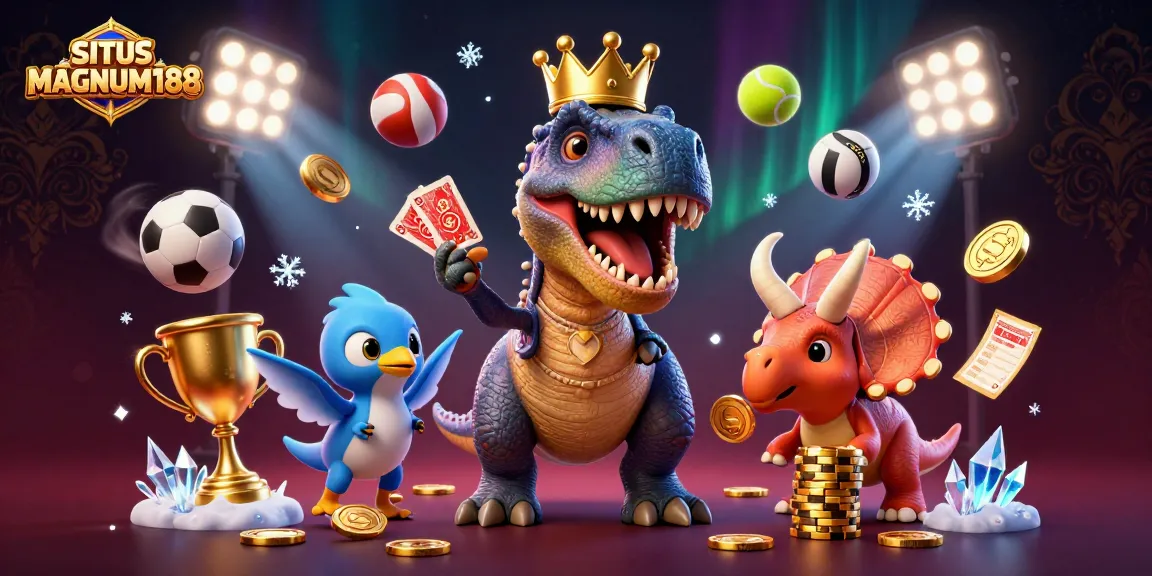 Engage with SITUS MAGNUM188 featuring a 3D T-Rex shuffling cards, surrounded by vibrant casino elements and sports.