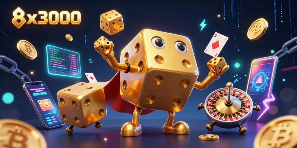Experience thrilling gaming at 8x3000 with a vibrant scene of golden dice and crypto elements.