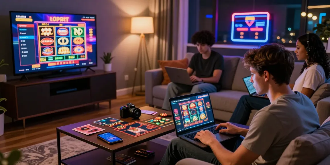 Players enjoying exciting online games at https://88m.locker/ in a cozy, vibrant environment filled with casino graphics.