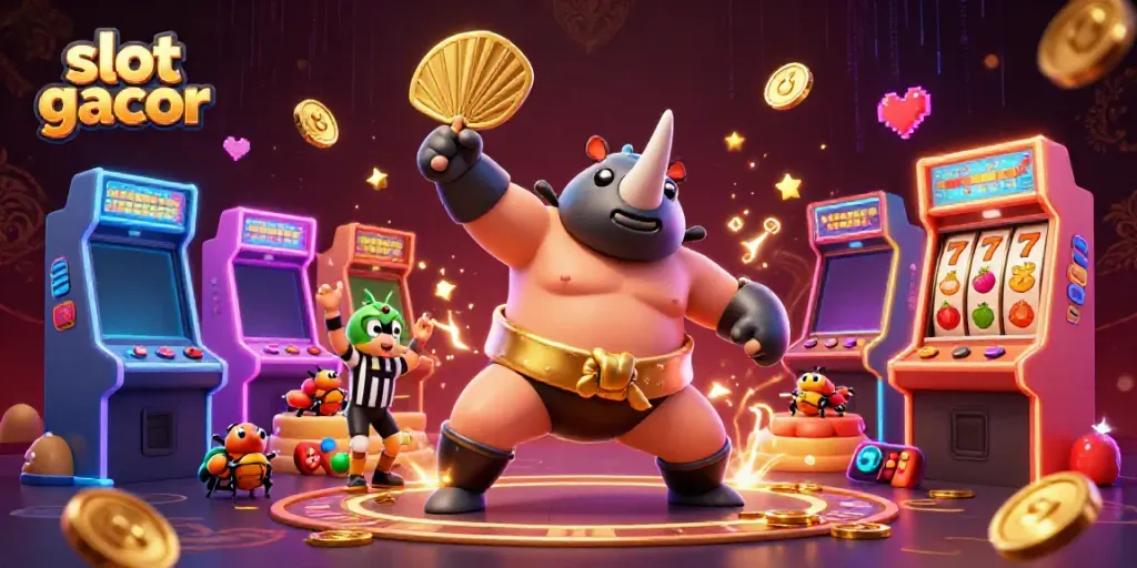 Experience slot gacor action with a sumo beetle champion and vibrant game elements