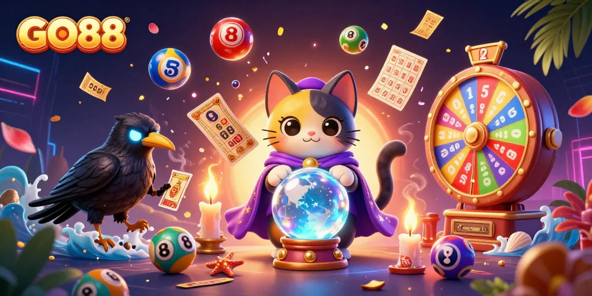 Engage in the vibrant world of GO88 with animated scenes of gambling excitement, featuring a mystical cat and thrilling casino elements.