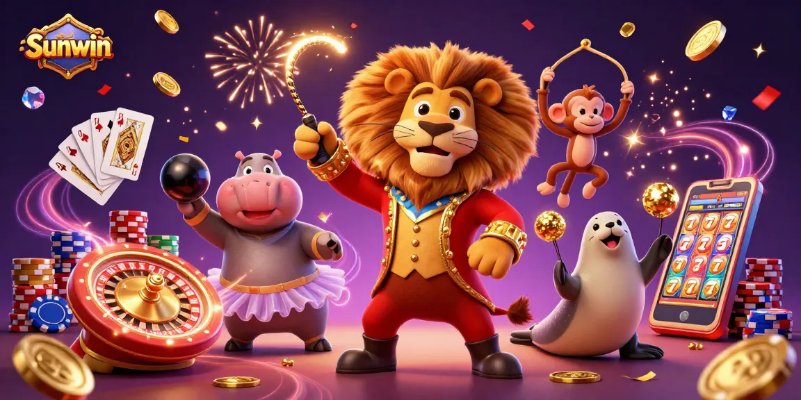 Experience the excitement of Sunwin with a vibrant 3D circus themed illustration featuring classic casino elements.