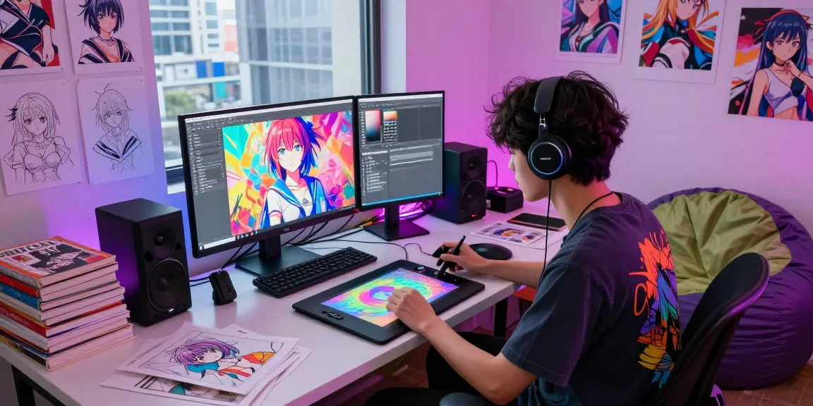 Artist creating ai ecchi characters in a colorful anime studio.