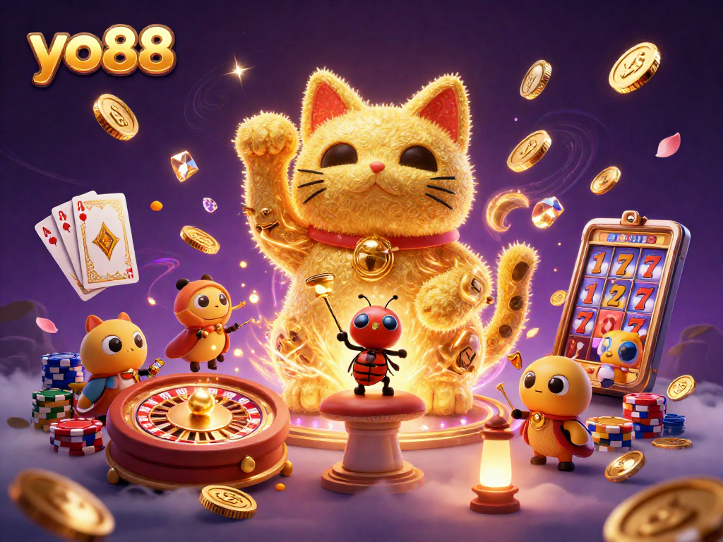 Enjoy vibrant gaming action with yo88’s enchanting golden lucky cat amidst casino treasures.