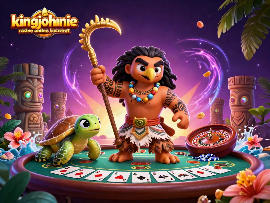 Engage in kingjohnnie casino online baccarat with a vibrant scene featuring characters and classic casino elements.
