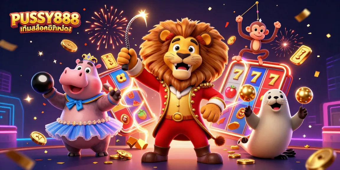 PUSSY888 เกมสล็อตมือถือ brings joy as you play slots with vibrant characters in a thrilling scene.
