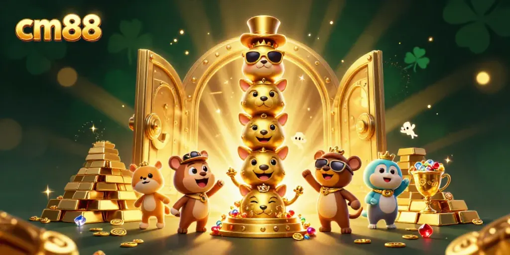Win big with cm88 at this vibrant casino-themed illustration featuring a golden totem pole and treasure vault.