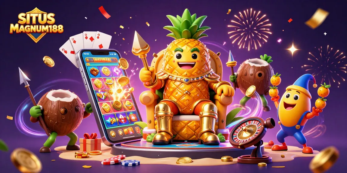SITUS MAGNUM188 invites you to enjoy vibrant casino fun with a golden pineapple king and tropical characters.
