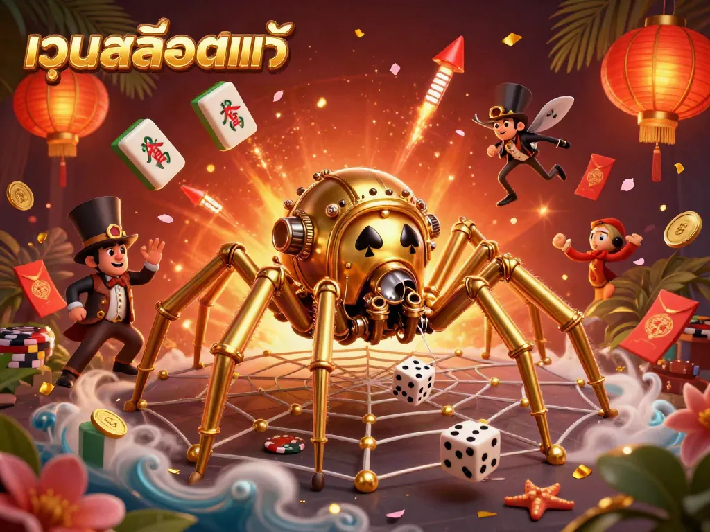 Engage in เว็บสล็อตแท้ with a steampunk-themed 3D casino illustration featuring a spider web of poker chips.