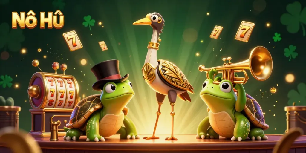 Nổ Hũ features a lively casino scene with slot machines, lucky symbols, and cheerful characters.