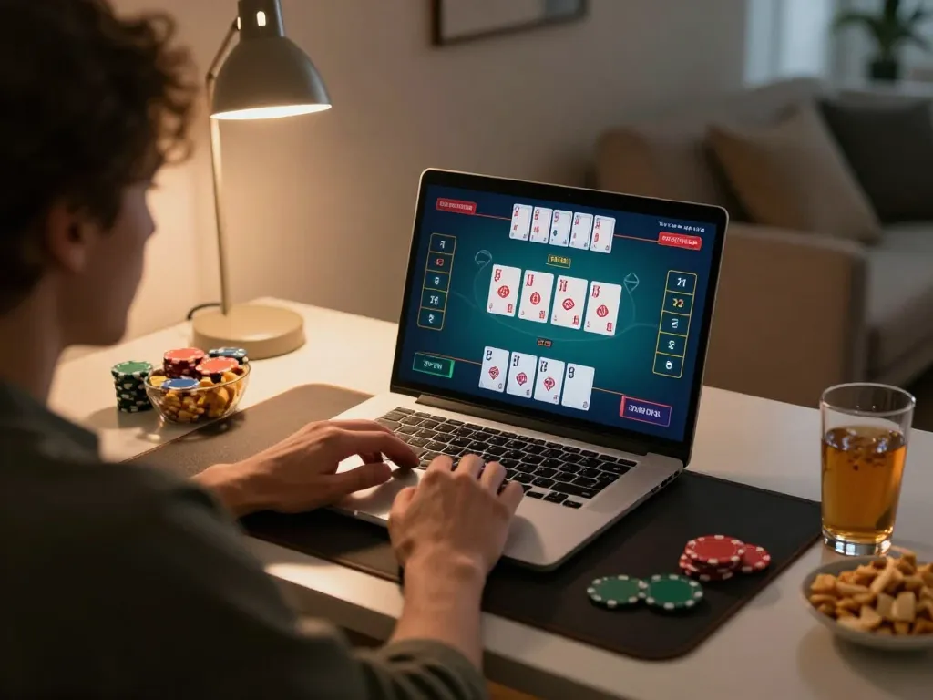 Engaged player immersed in poker game on 98win trang chủ platform at home, showcasing strategic gameplay.