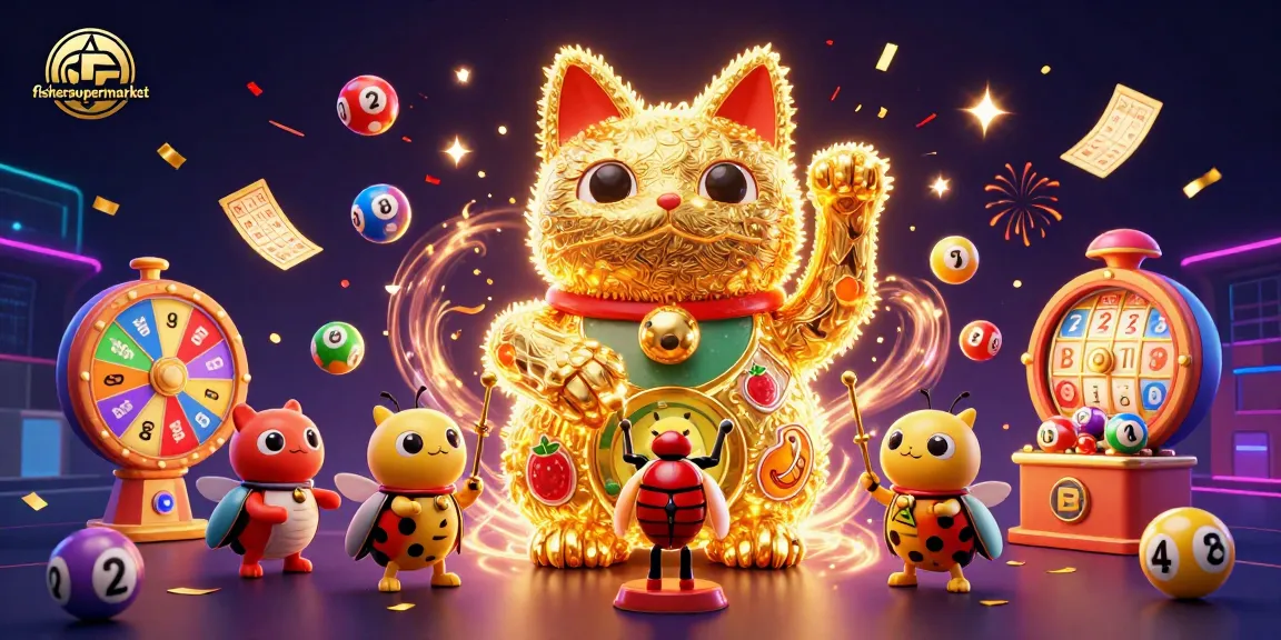 Experience fishersupermarket's vibrant lucky cat amidst casino symbols and lottery elements in a dynamic festive display.