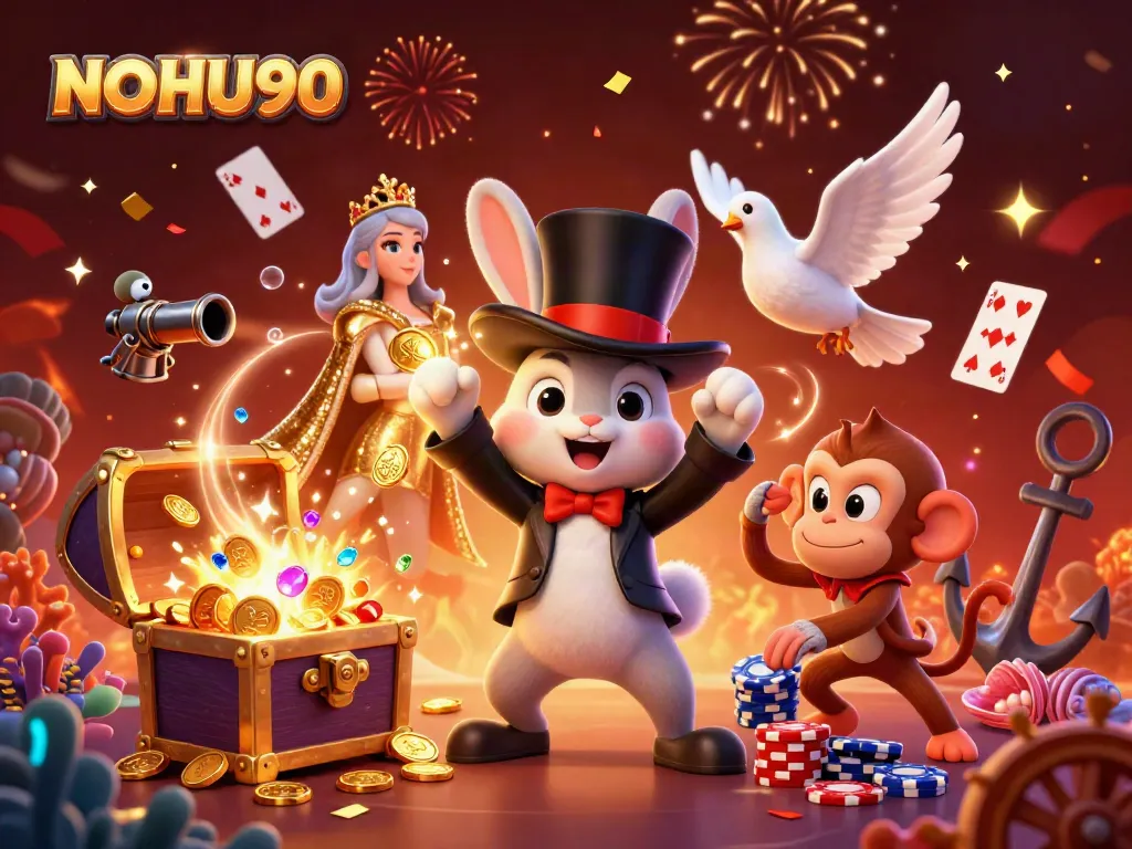 NOHU90 magician rabbit and friends casting spells while winning coins and poker chips in a vibrant casino scene