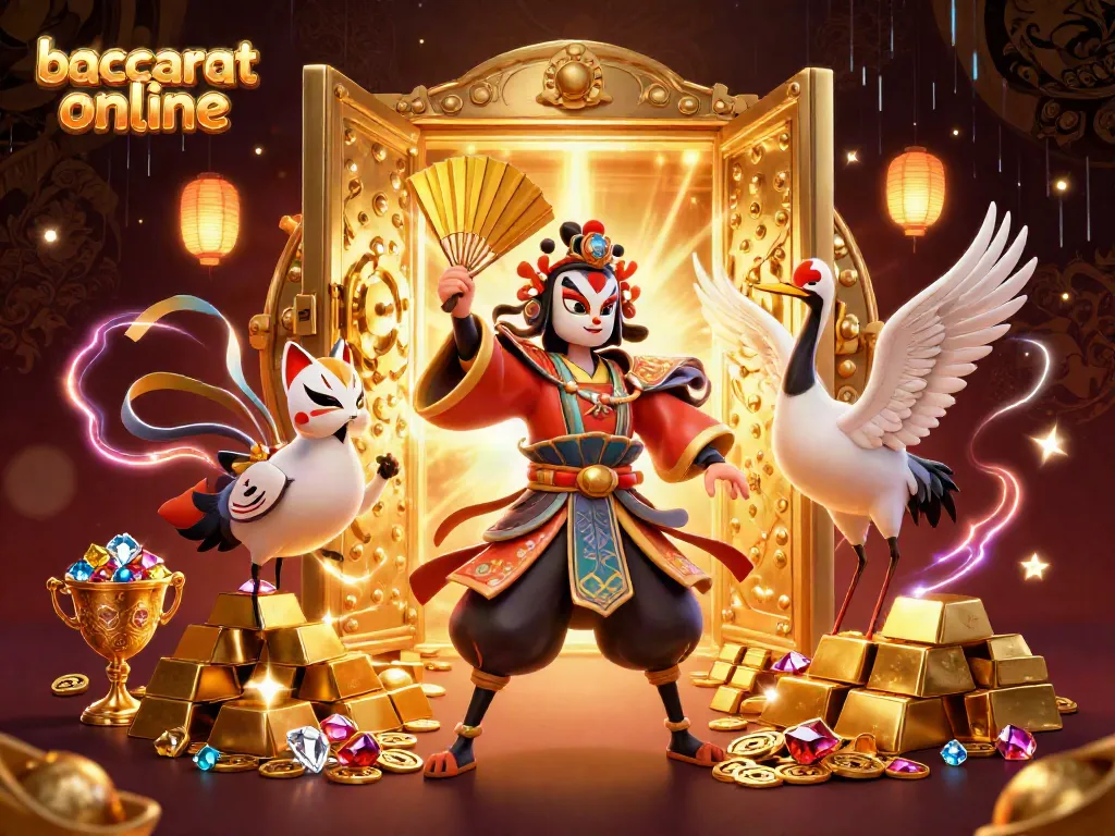 Experience vibrant baccarat online ambiance with a kabuki warrior and kitsune amidst treasure.