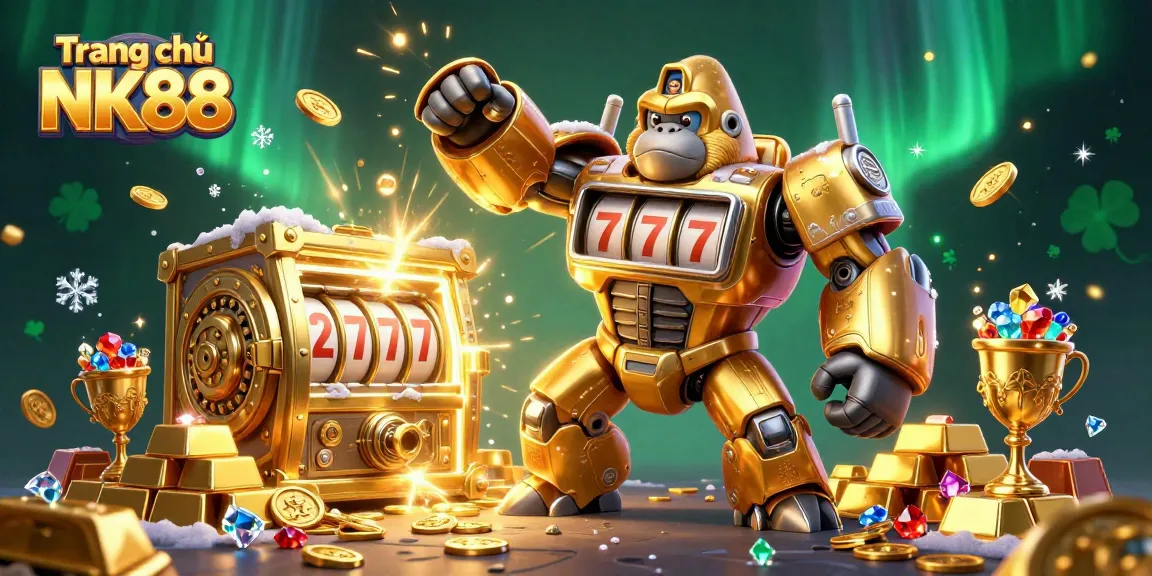 Experience thrill at Trang chủ NK88 with a golden gorilla mech amidst treasures and gems.