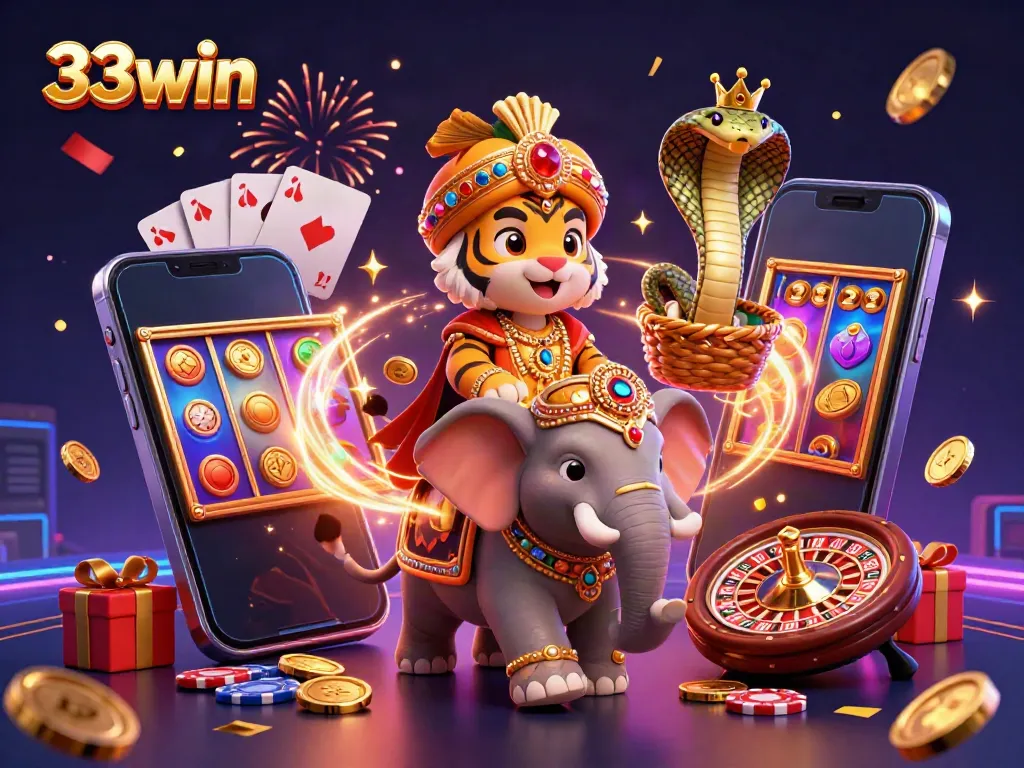 Engage with exciting slot games at 33win's vibrant casino illustration filled with jewels.