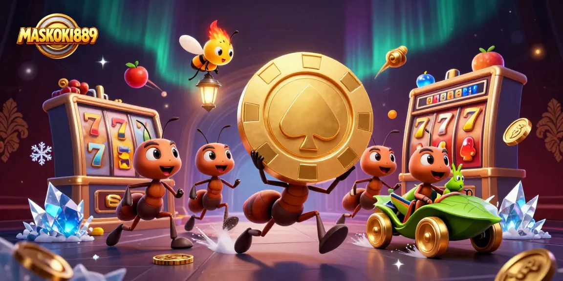 Join the MASKOKI889 crew of ants in a thrilling heist, carrying a giant poker chip amidst action-packed gambling elements.