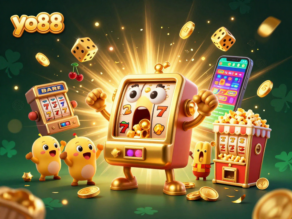 Experience the excitement of yo88 with a jackpot-winning golden slot machine, coins flying, and cheering baby slots!